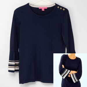 Lilly Pulitzer Callee Sweater Ruffle 3/4 Sleeve Metallic Gold Navy Blue Medium